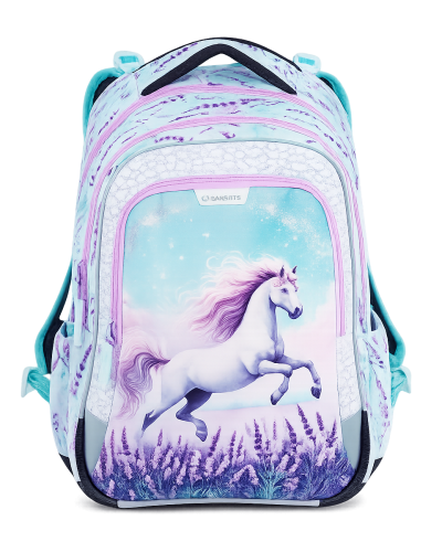 Dievčenský školský set Bagmaster s jednorožcom – batoh a peračník pre prváčku v rozprávkovom fialovo-ružovom dizajne