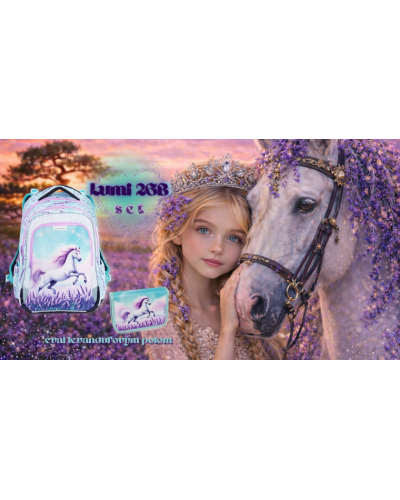 Dievčenský školský set Bagmaster s jednorožcom – batoh a peračník pre prváčku v rozprávkovom fialovo-ružovom dizajne