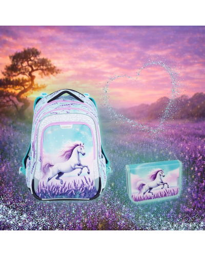Dievčenský školský set Bagmaster s jednorožcom – batoh a peračník pre prváčku v rozprávkovom fialovo-ružovom dizajne