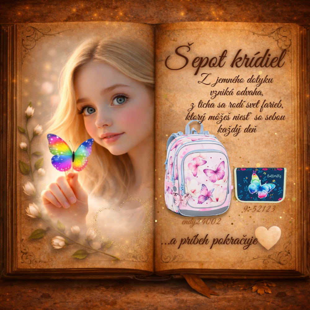 Šepot krídiel – dievčenský školský set s motýlikom v príbehovom vizuáli