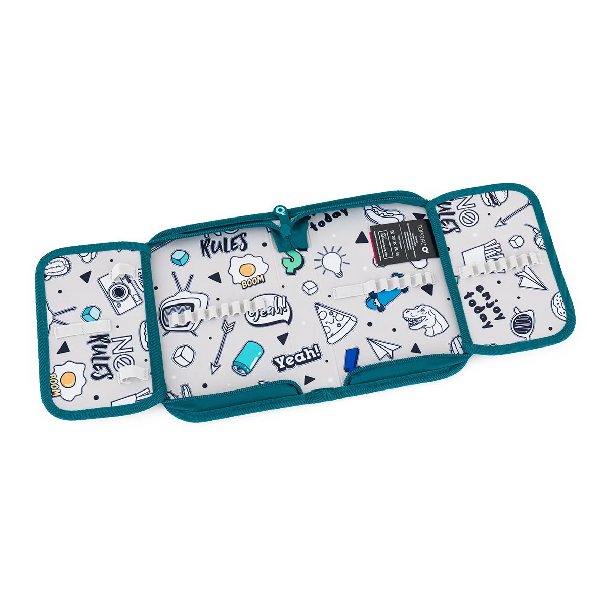 Detail školského puzdra Topgal s pastelkami a gumičkami