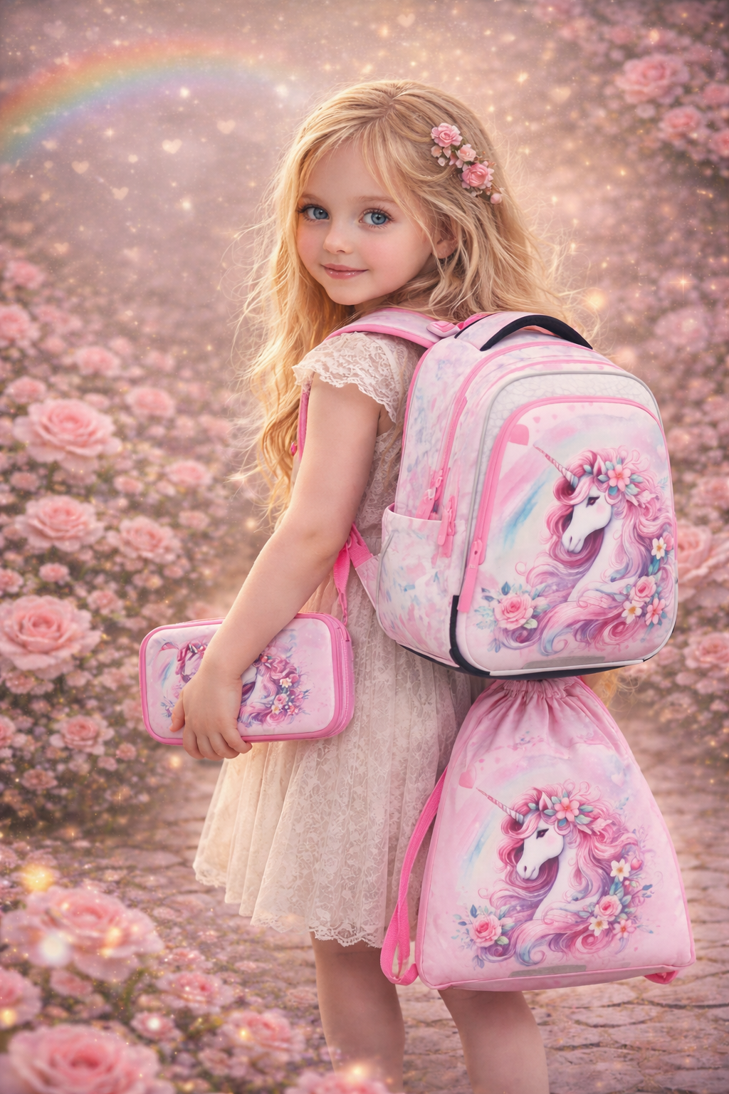 Dievčenský školský set Bagmaster Beta 26B jednorožec batoh peračník a vrecko