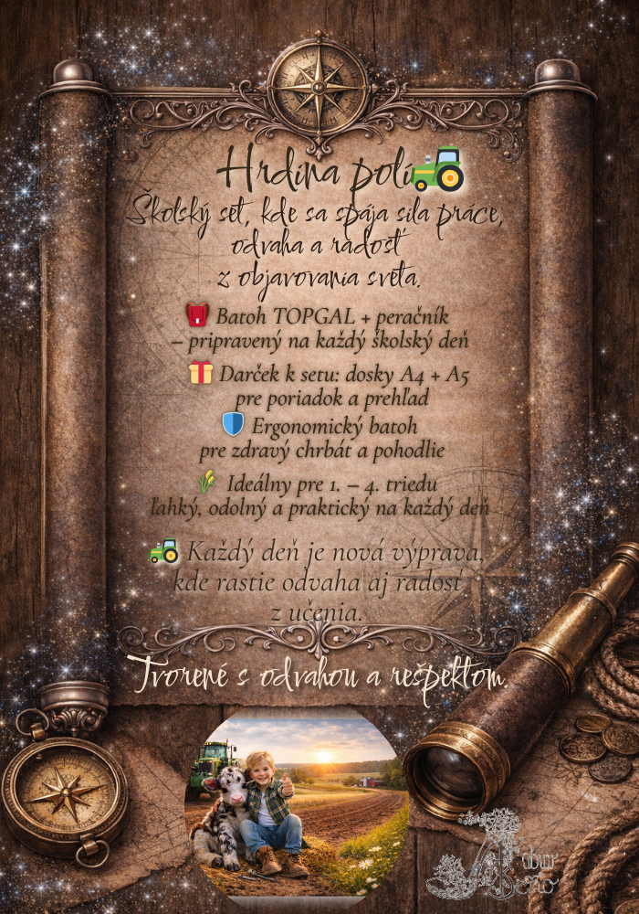 Chlapčenský školský set Hrdina polí Topgal – batoh, peračník a darček
