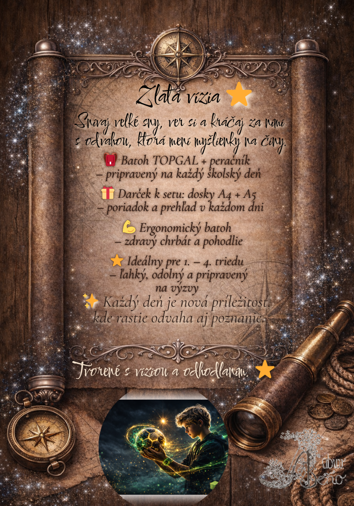Zlatá vízia – chlapec so školským setom a zlatou energiou